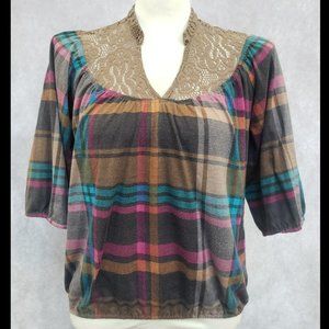 American Rag Cie 1984 Plaid Boho Blouse, Size M